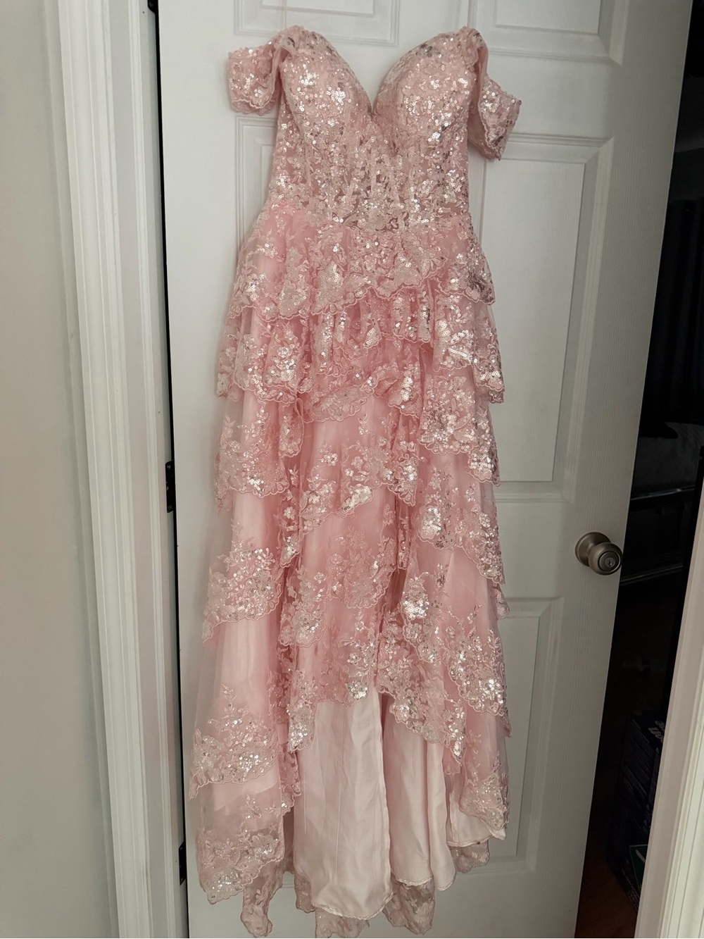 Camille La Vie Pink Tiered Sequin Lace-Up Tulle Dress
